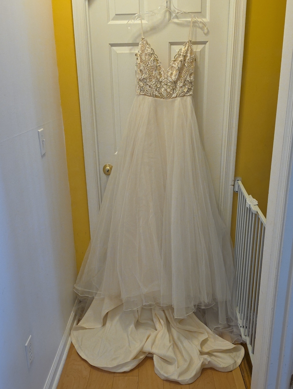 Hayley Paige Occasions Ivory and Gold Lace Bodice A-Line Wedding Dress